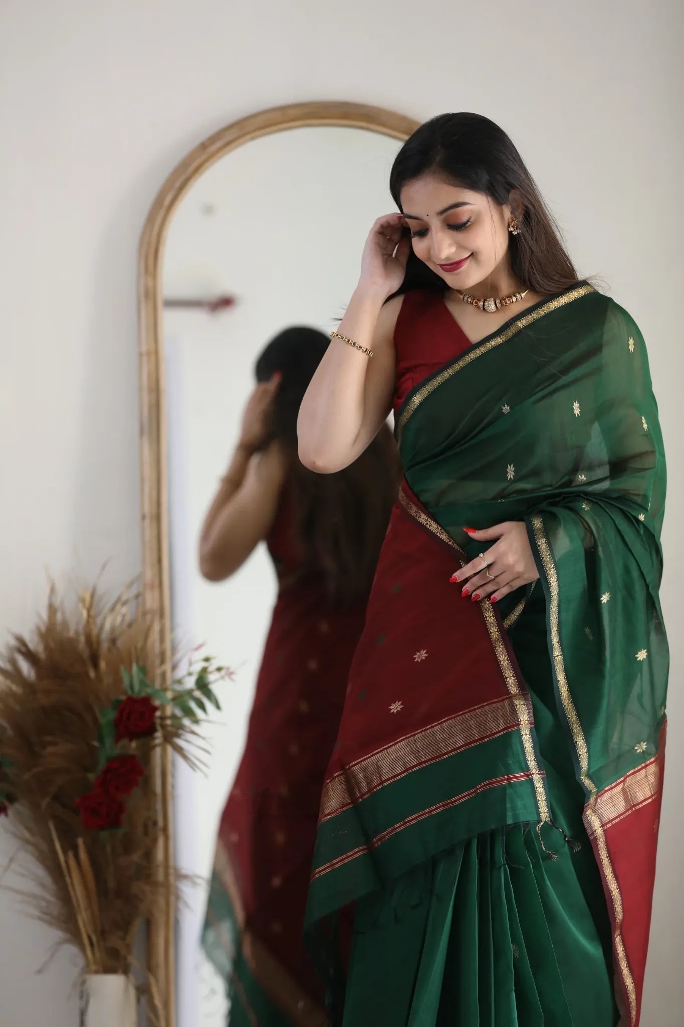 Dark Green and Crimson Red Silk Saree