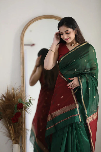 Dark Green and Crimson Red Silk Saree