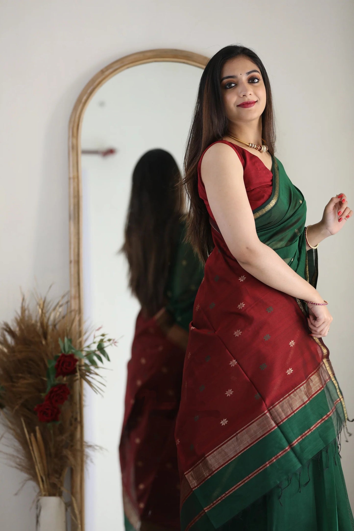 Dark Green and Crimson Red Silk Saree