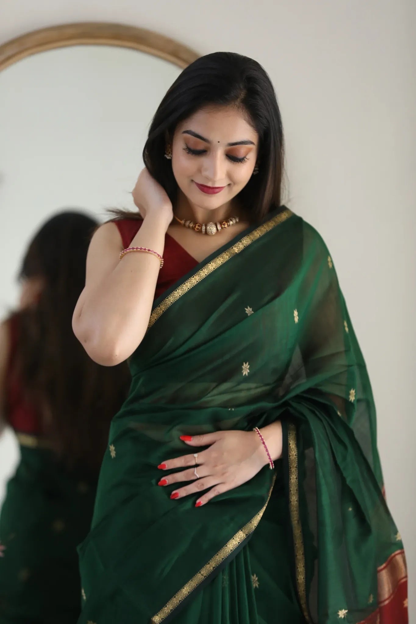 Dark Green and Crimson Red Silk Saree