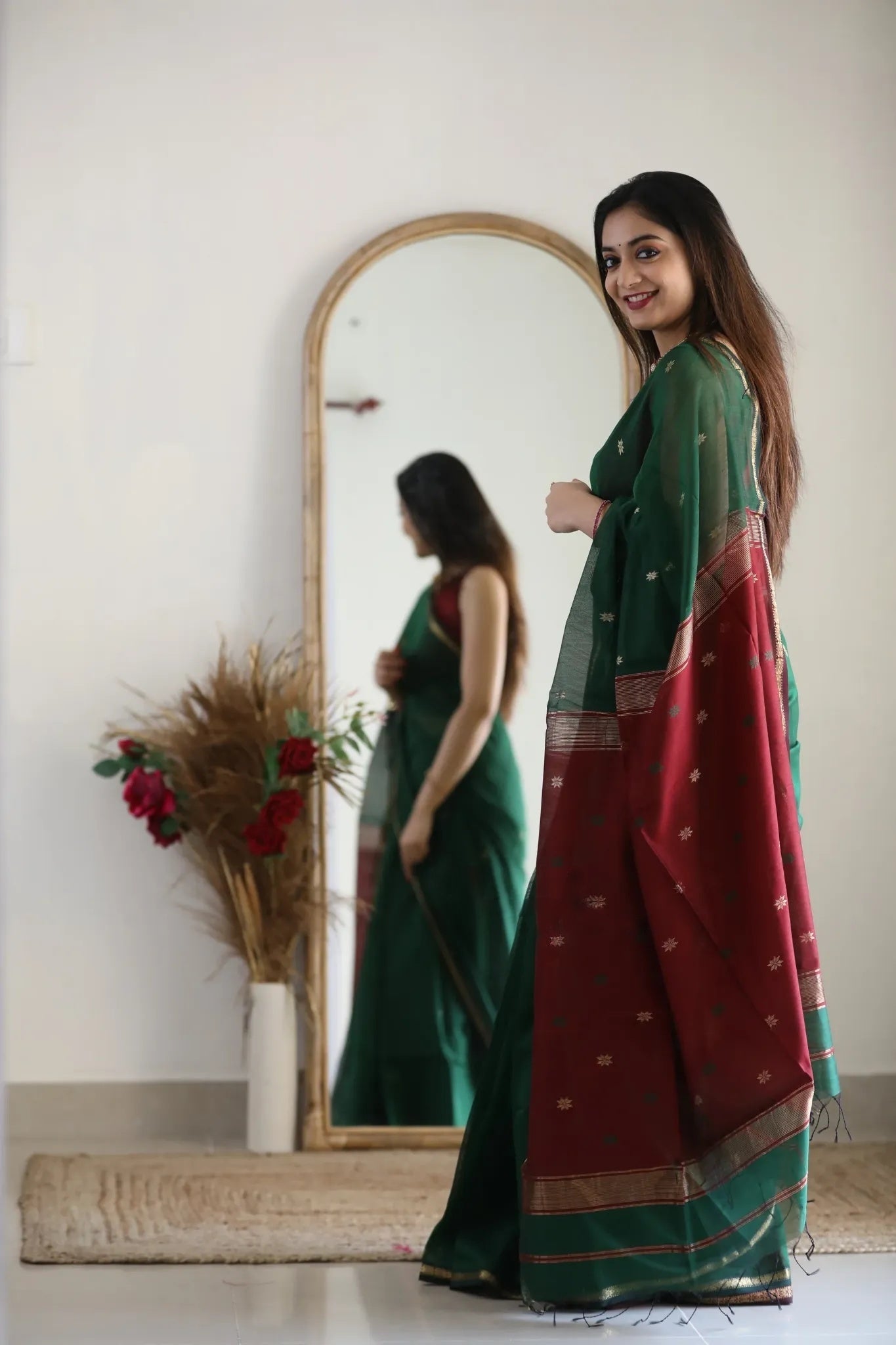 Dark Green and Crimson Red Silk Saree