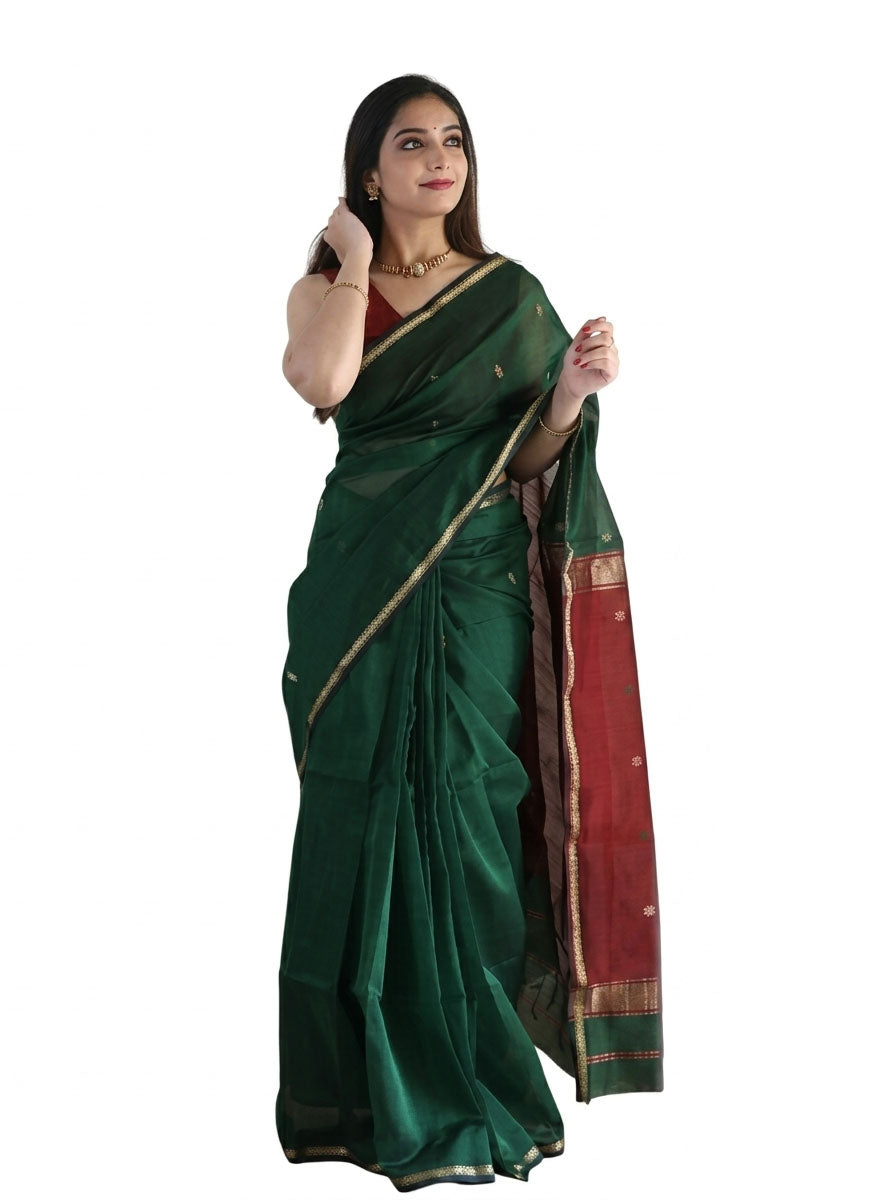 Dark Green and Crimson Red Silk Saree