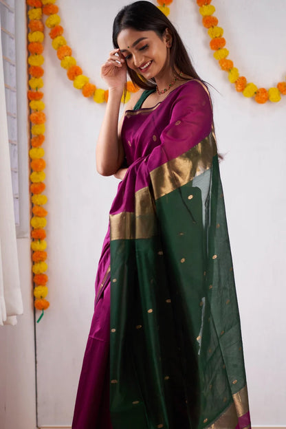 Magenta and Bottle green Silk Saree