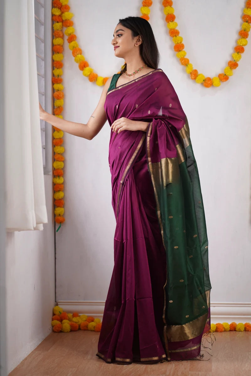 Magenta and Bottle green Silk Saree