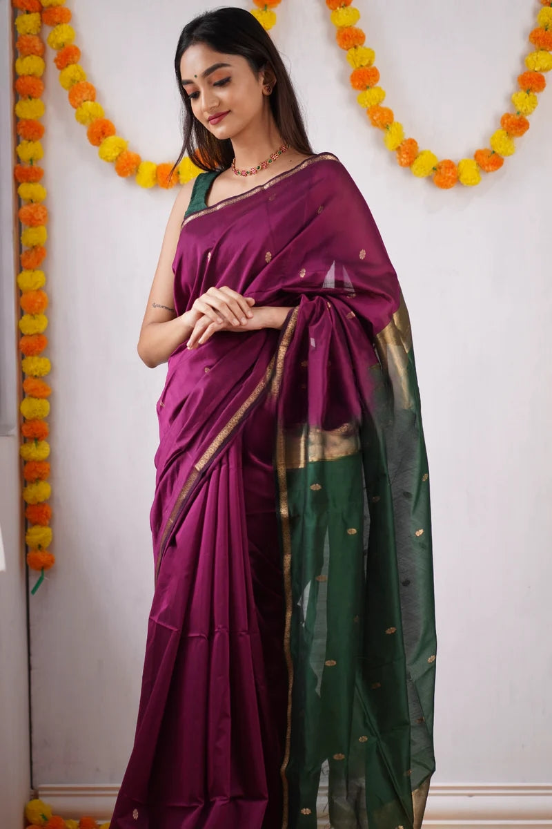 Magenta and Bottle green Silk Saree