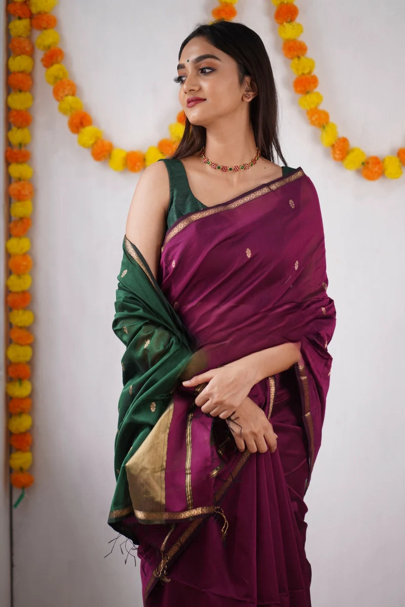 Magenta and Bottle green Silk Saree