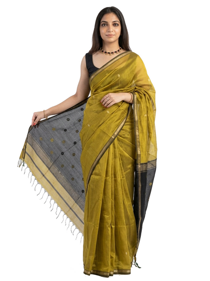 Lime Green and Black Silk Saree