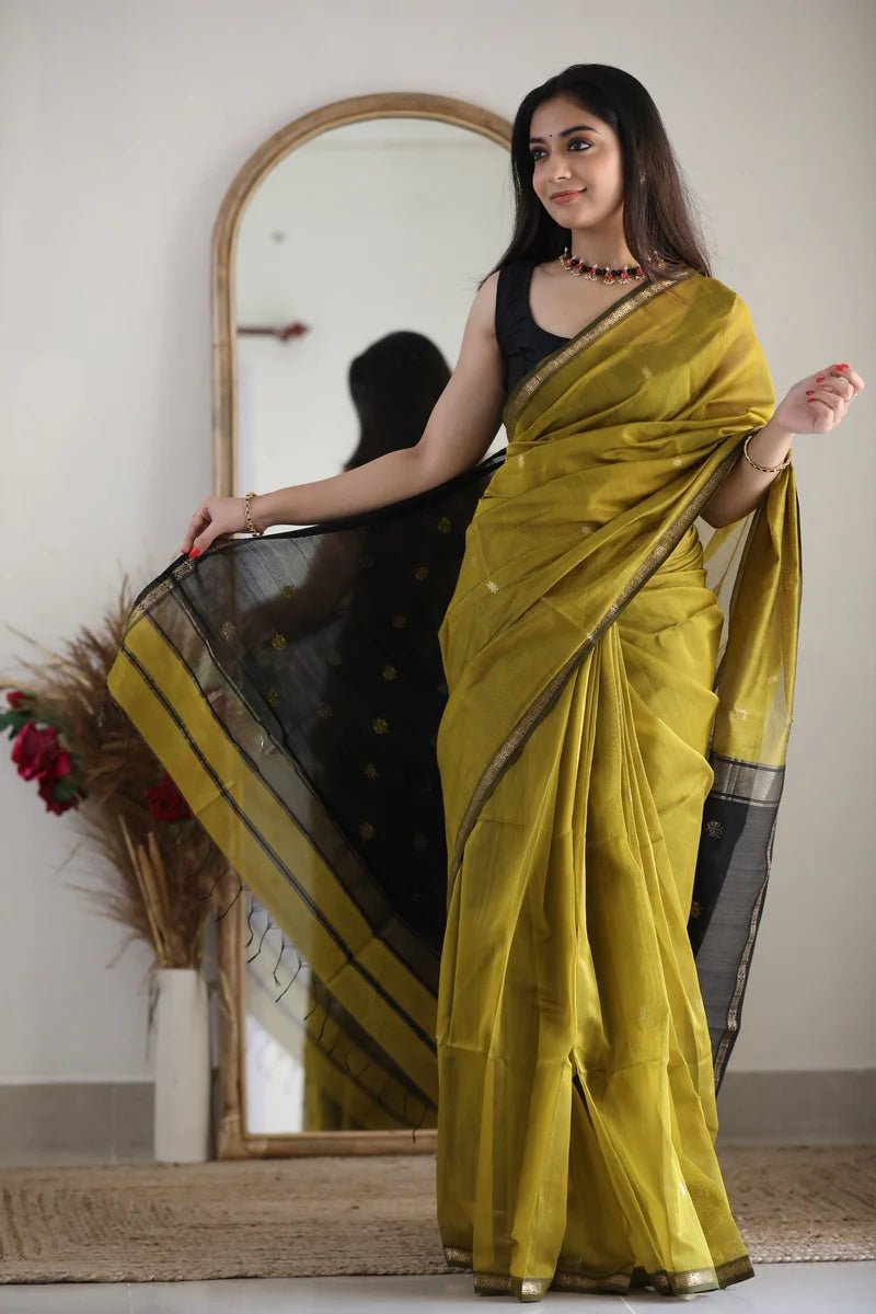 Lime Green and Black Silk Saree