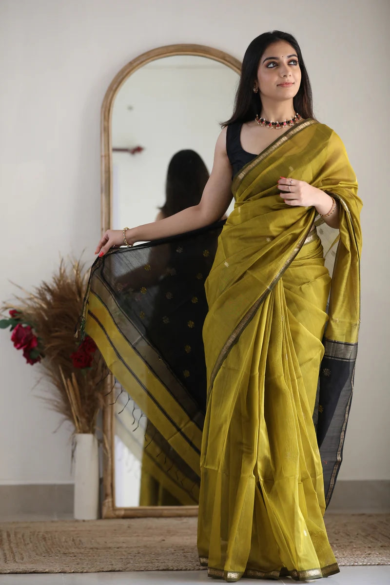 Lime Green and Black Silk Saree