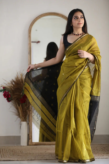 Lime Green and Black Silk Saree