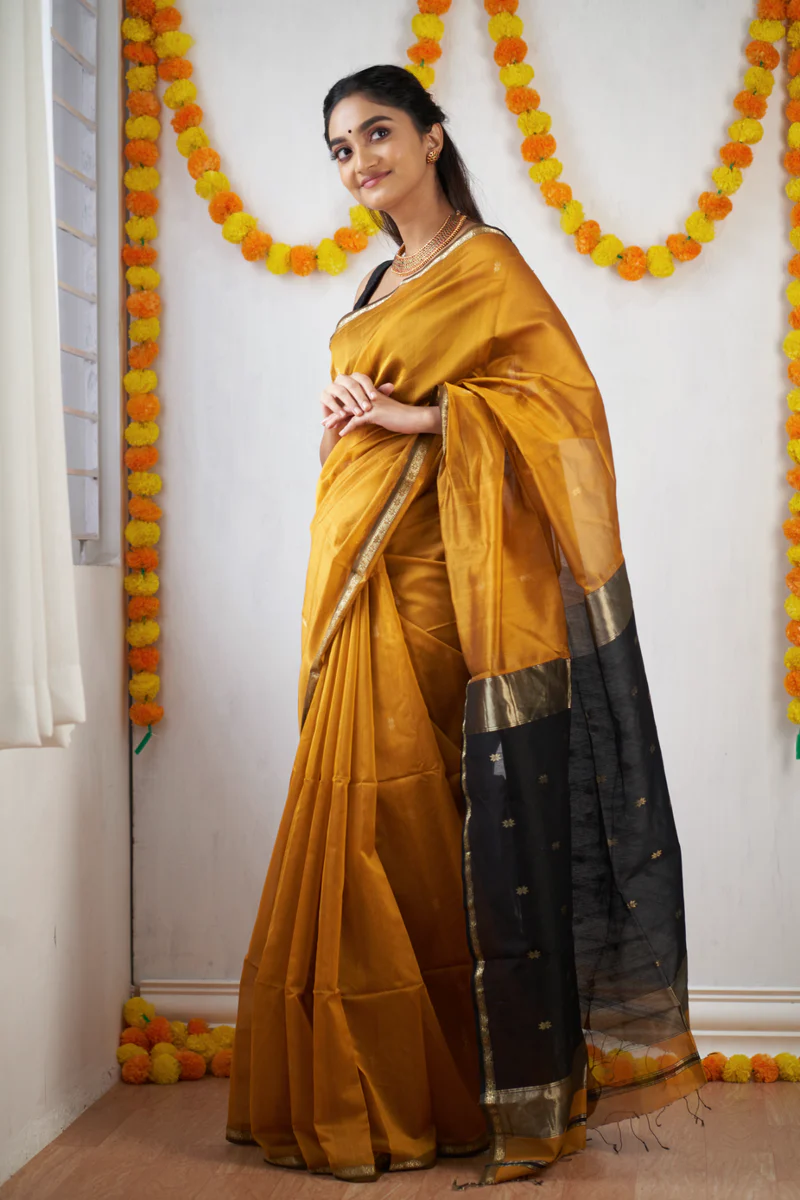 Mustard Yellow and Black Silk Saree
