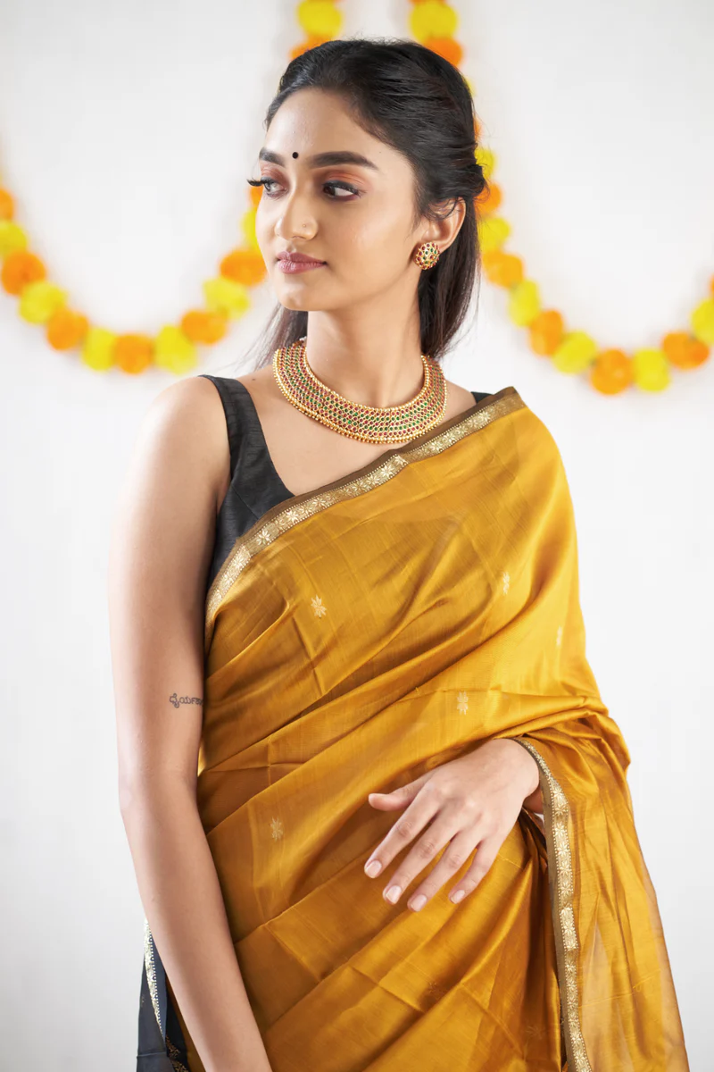 Mustard Yellow and Black Silk Saree