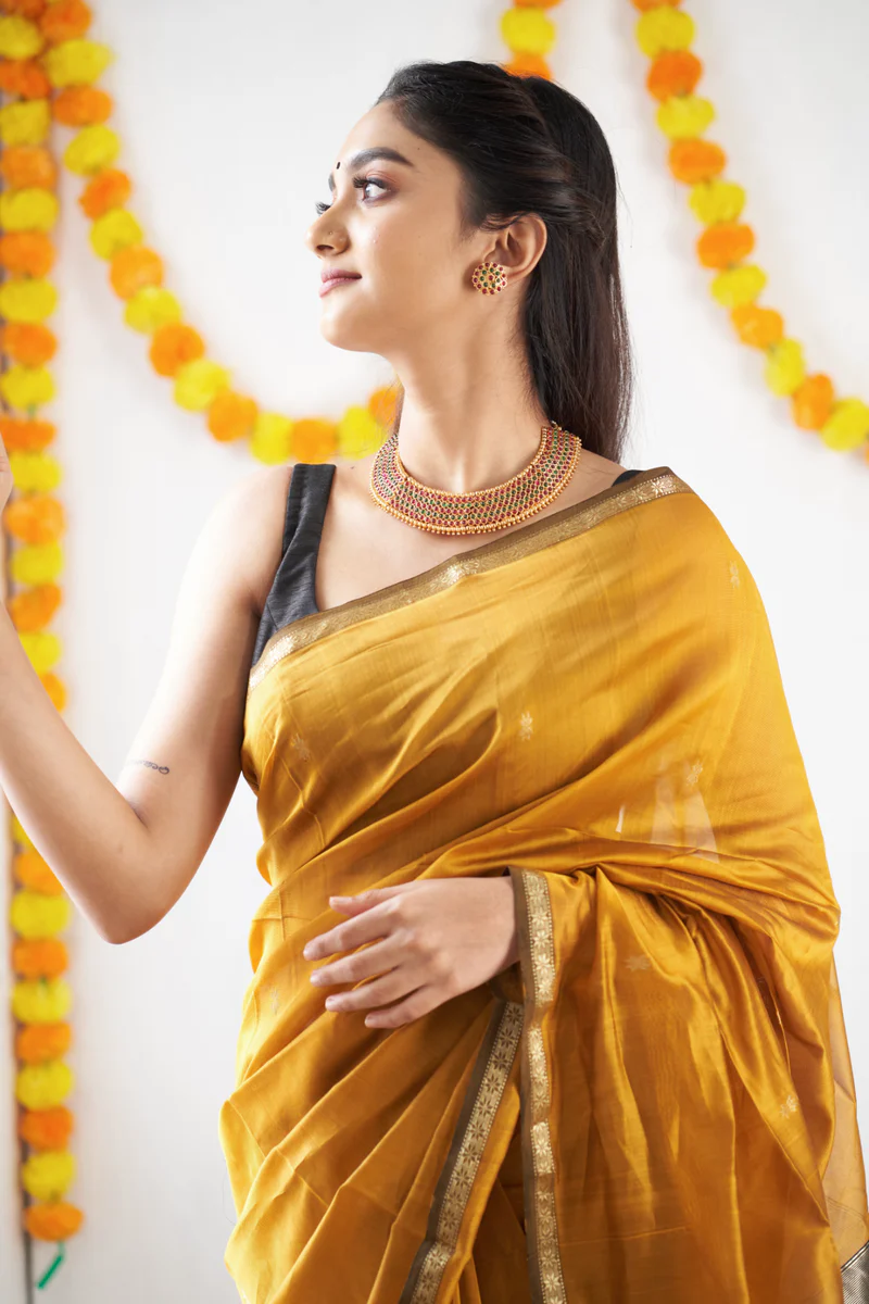 Mustard Yellow and Black Silk Saree