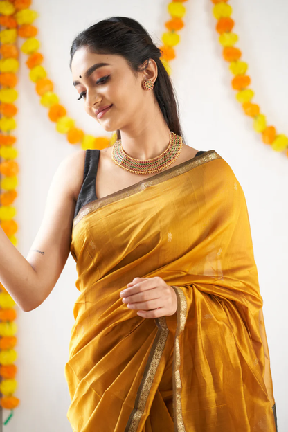 Mustard Yellow and Black Silk Saree