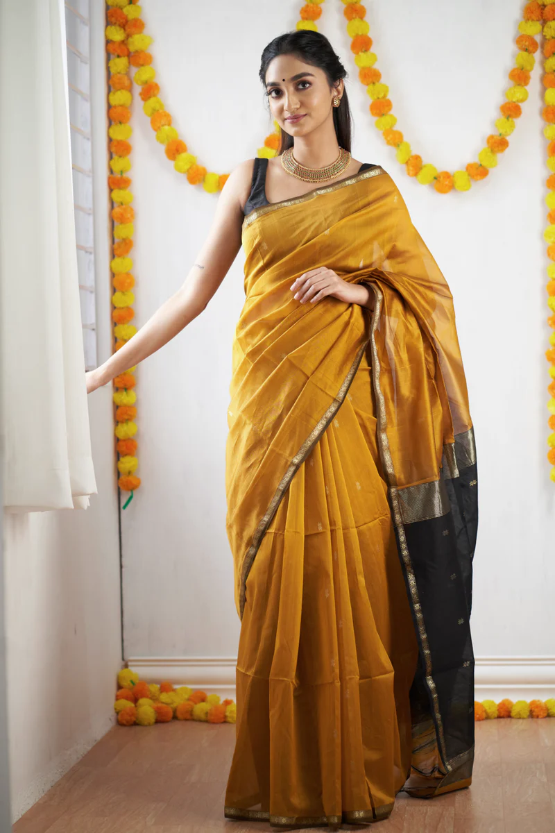 Mustard Yellow and Black Silk Saree