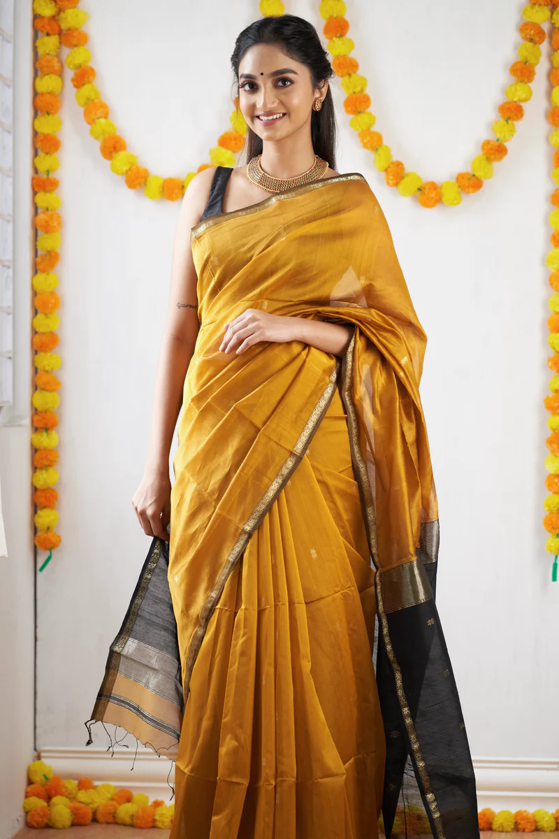 Mustard Yellow and Black Silk Saree