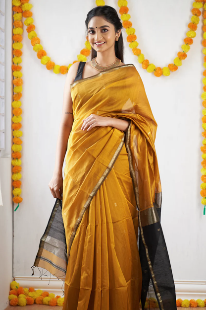 Mustard Yellow and Black Silk Saree