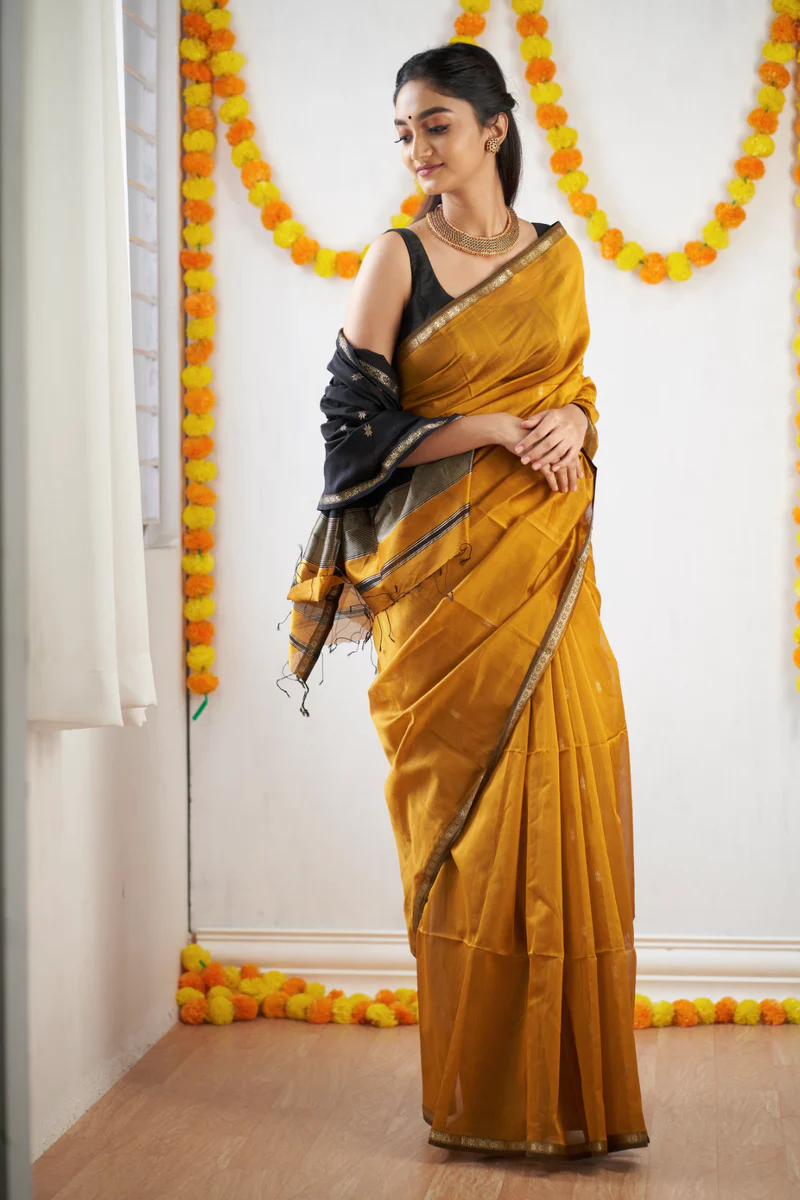 Mustard Yellow and Black Silk Saree