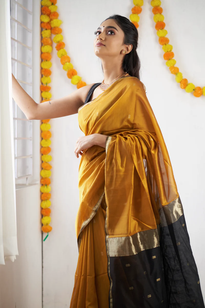Mustard Yellow and Black Silk Saree