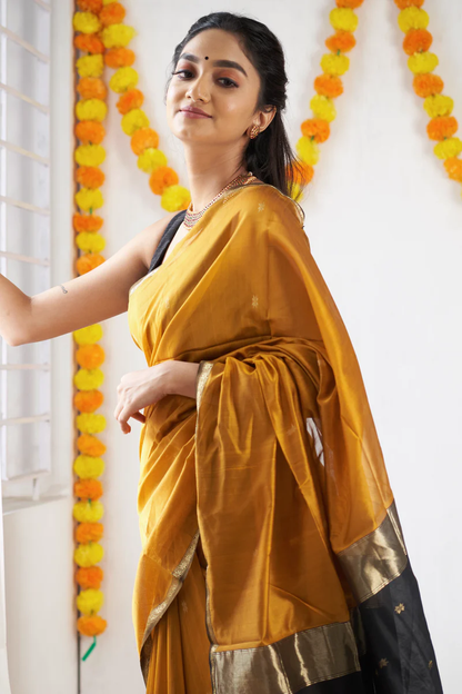 Mustard Yellow and Black Silk Saree