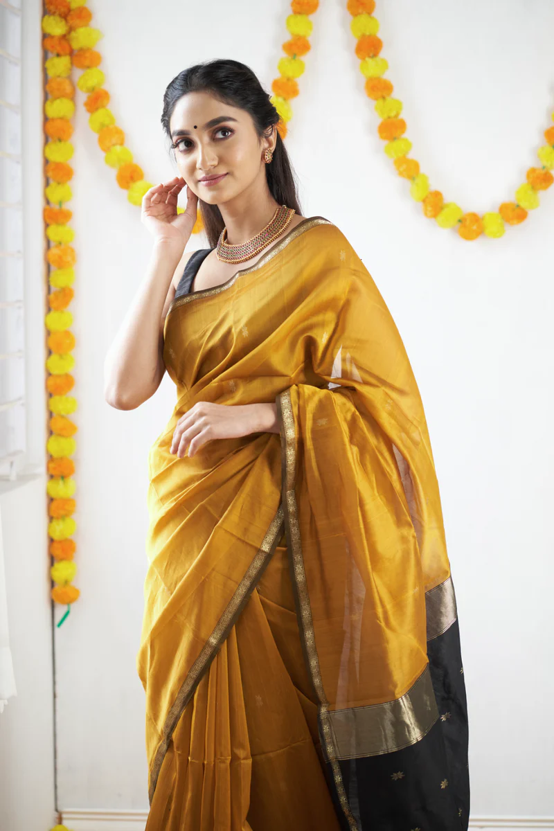Mustard Yellow and Black Silk Saree