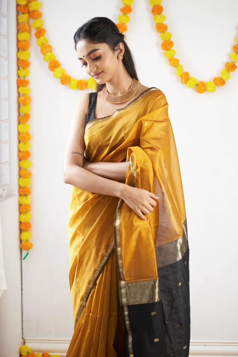 Mustard Yellow and Black Silk Saree