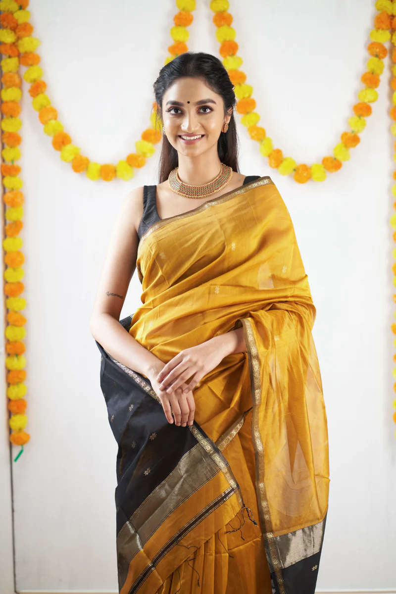 Mustard Yellow and Black Silk Saree