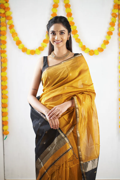 Mustard Yellow and Black Silk Saree