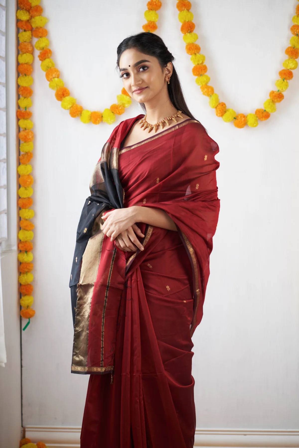 Crimson Red and Black Silk Saree
