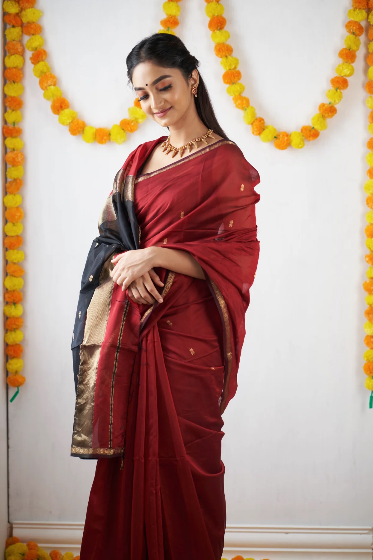 Crimson Red and Black Silk Saree