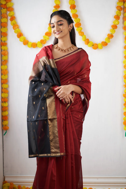 Crimson Red and Black Silk Saree