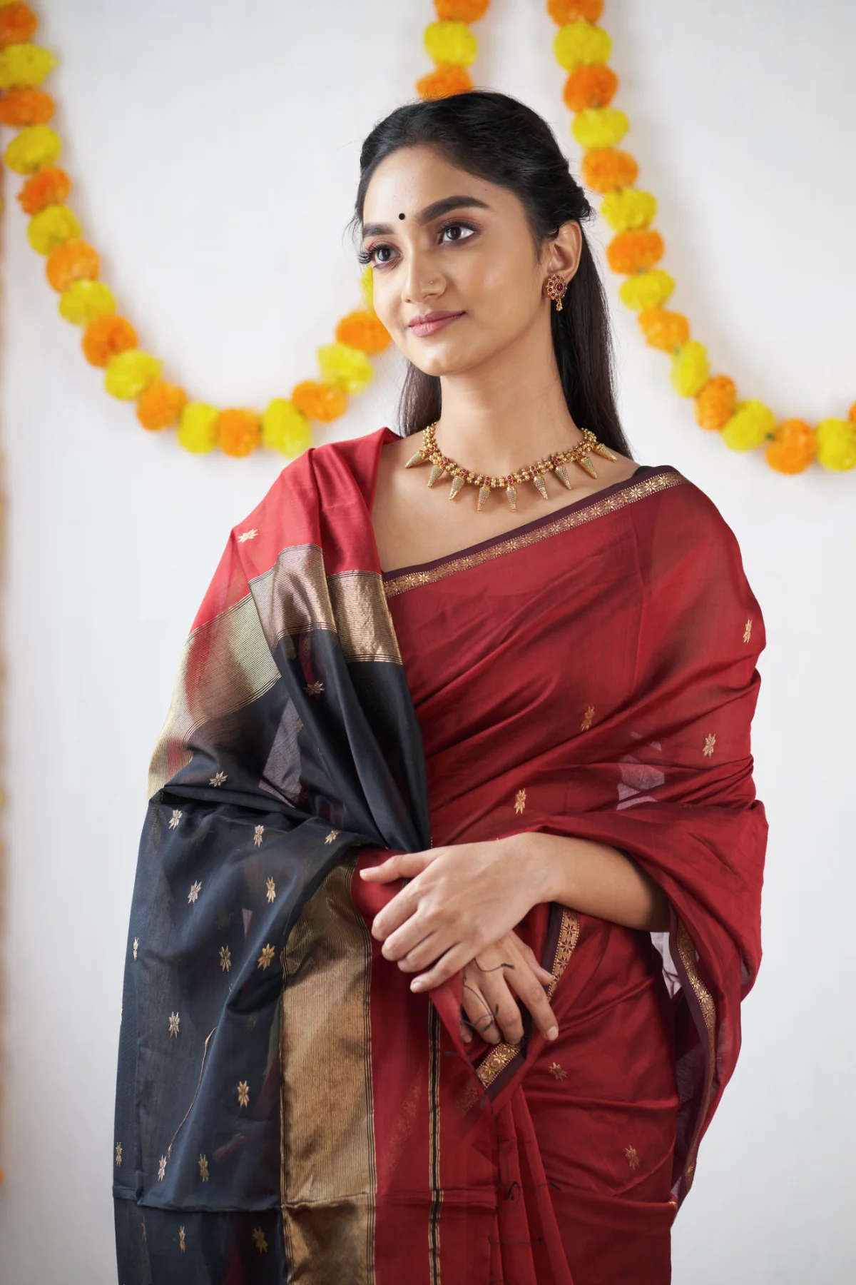 Crimson Red and Black Silk Saree