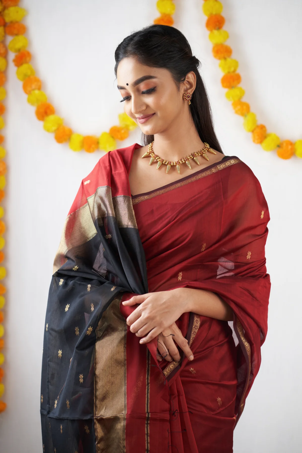 Crimson Red and Black Silk Saree