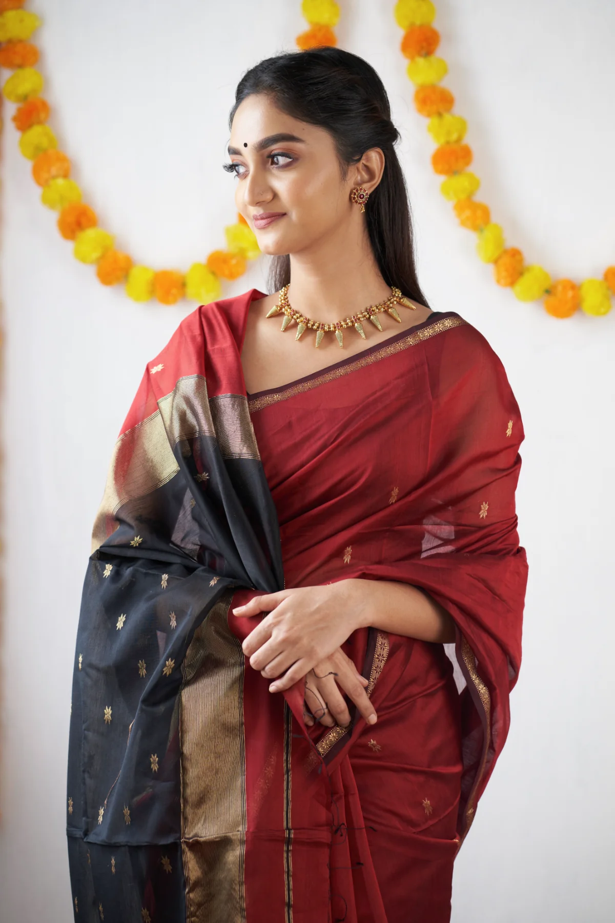 Crimson Red and Black Silk Saree