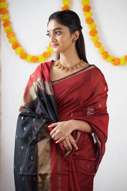 Crimson Red and Black Silk Saree