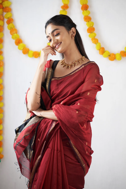 Crimson Red and Black Silk Saree