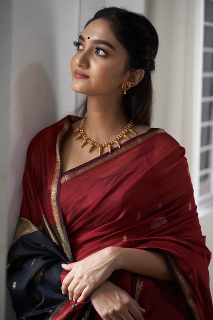 Crimson Red and Black Silk Saree