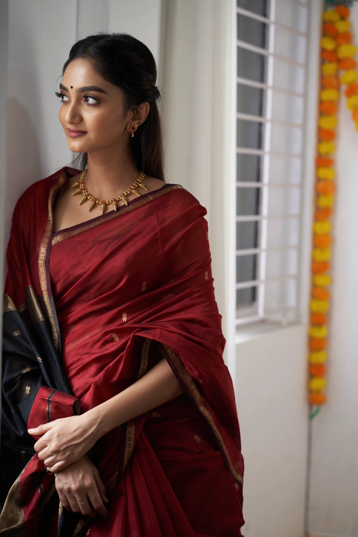 Crimson Red and Black Silk Saree