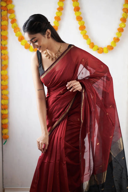 Crimson Red and Black Silk Saree