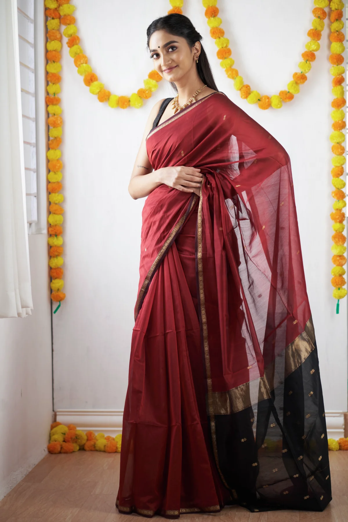 Crimson Red and Black Silk Saree