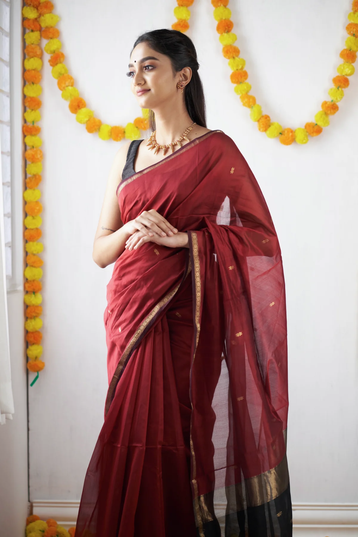 Crimson Red and Black Silk Saree