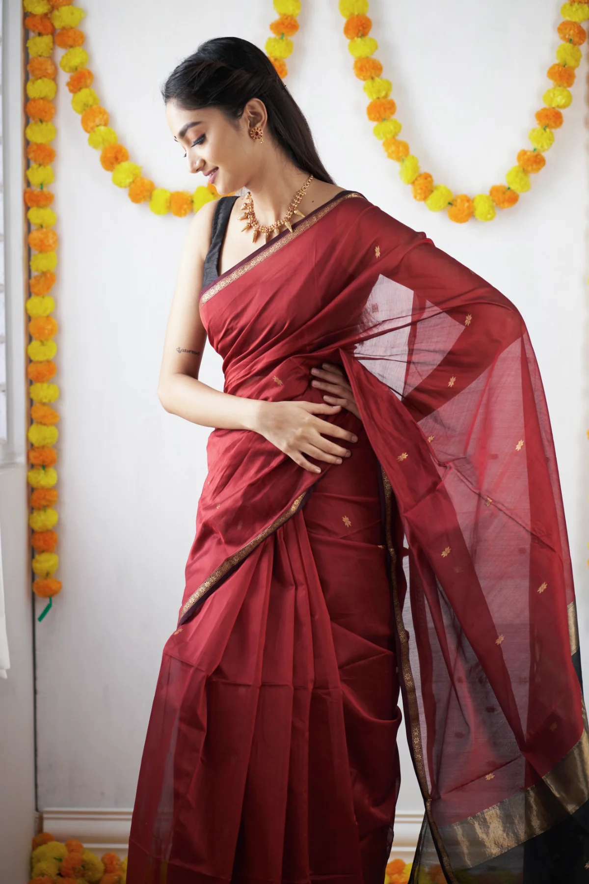 Crimson Red and Black Silk Saree