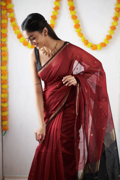 Crimson Red and Black Silk Saree