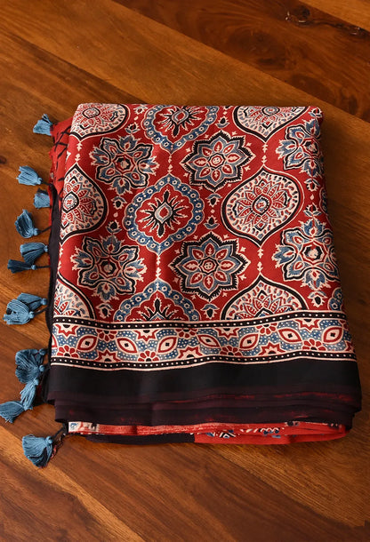 Maroon Ajrakh Model Silk Saree