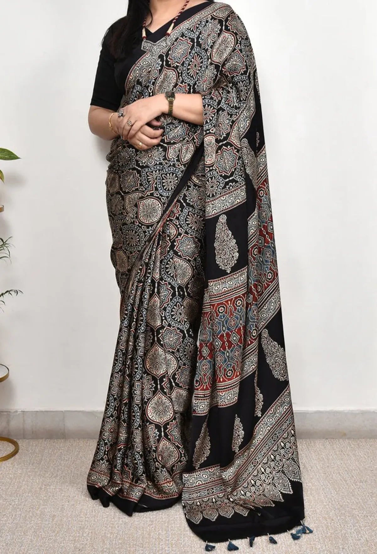 Black Ajrakh Model Silk Saree