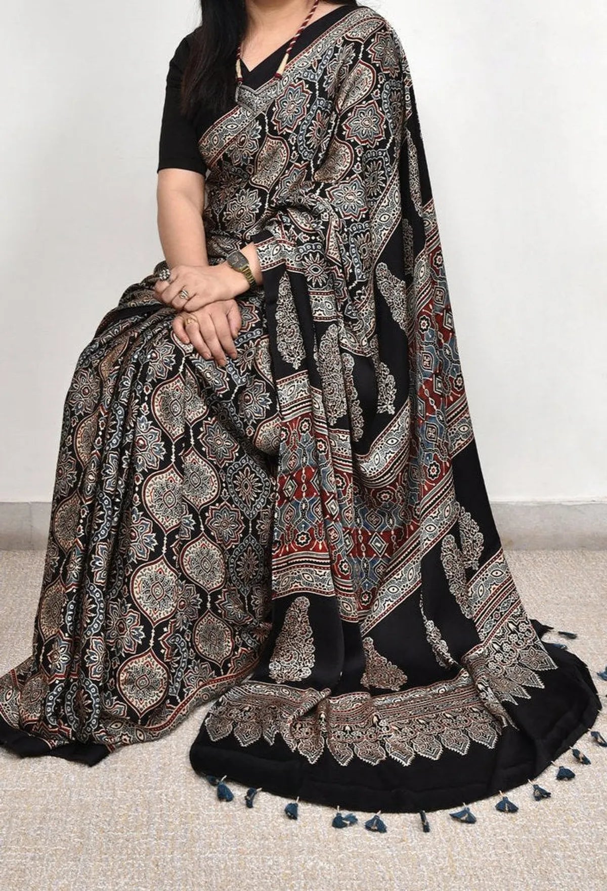 Black Ajrakh Model Silk Saree