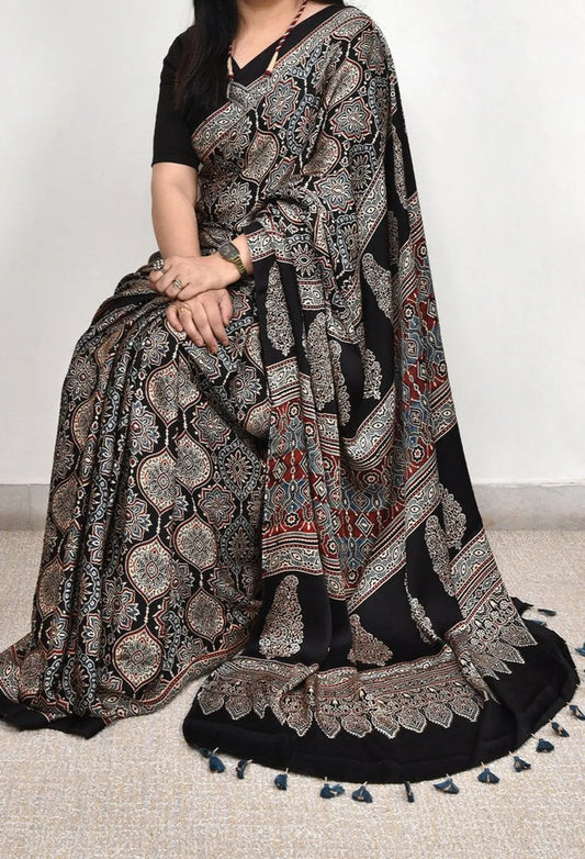 Black Ajrakh Model Silk Saree