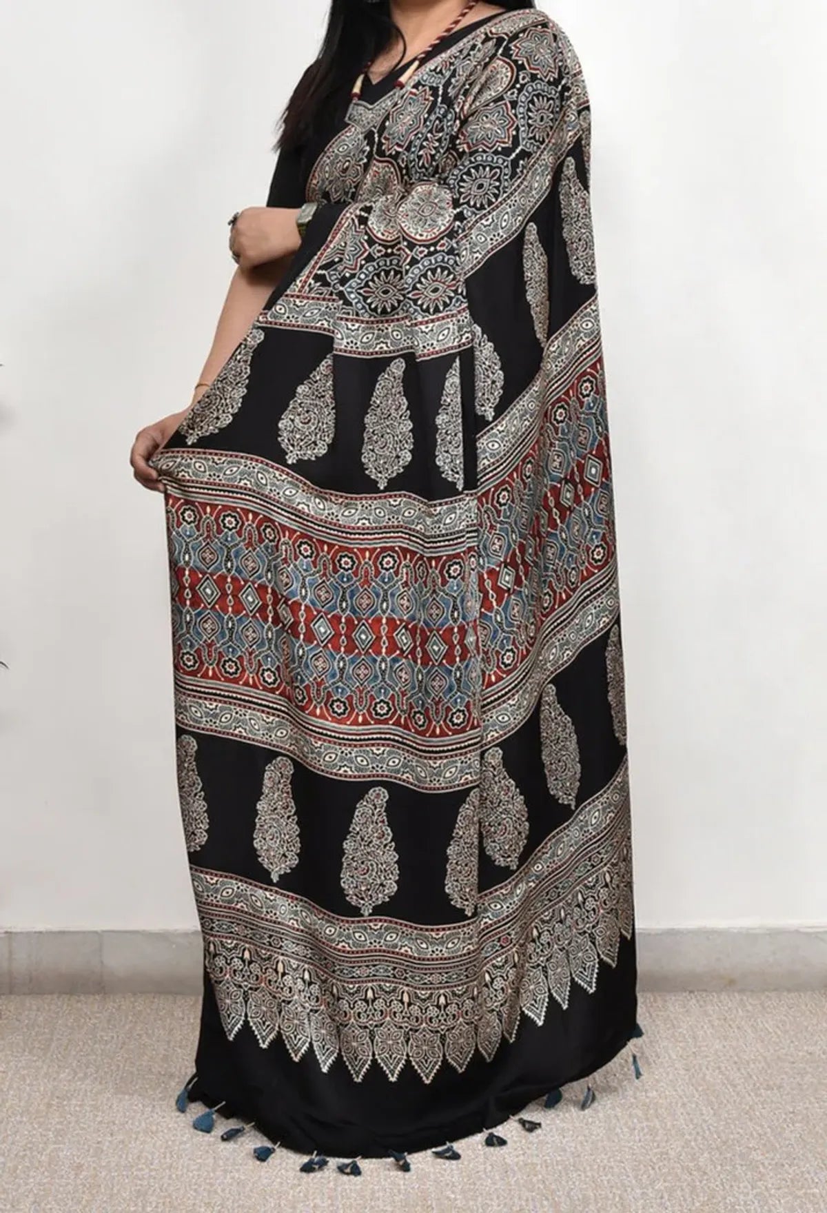 Black Ajrakh Model Silk Saree