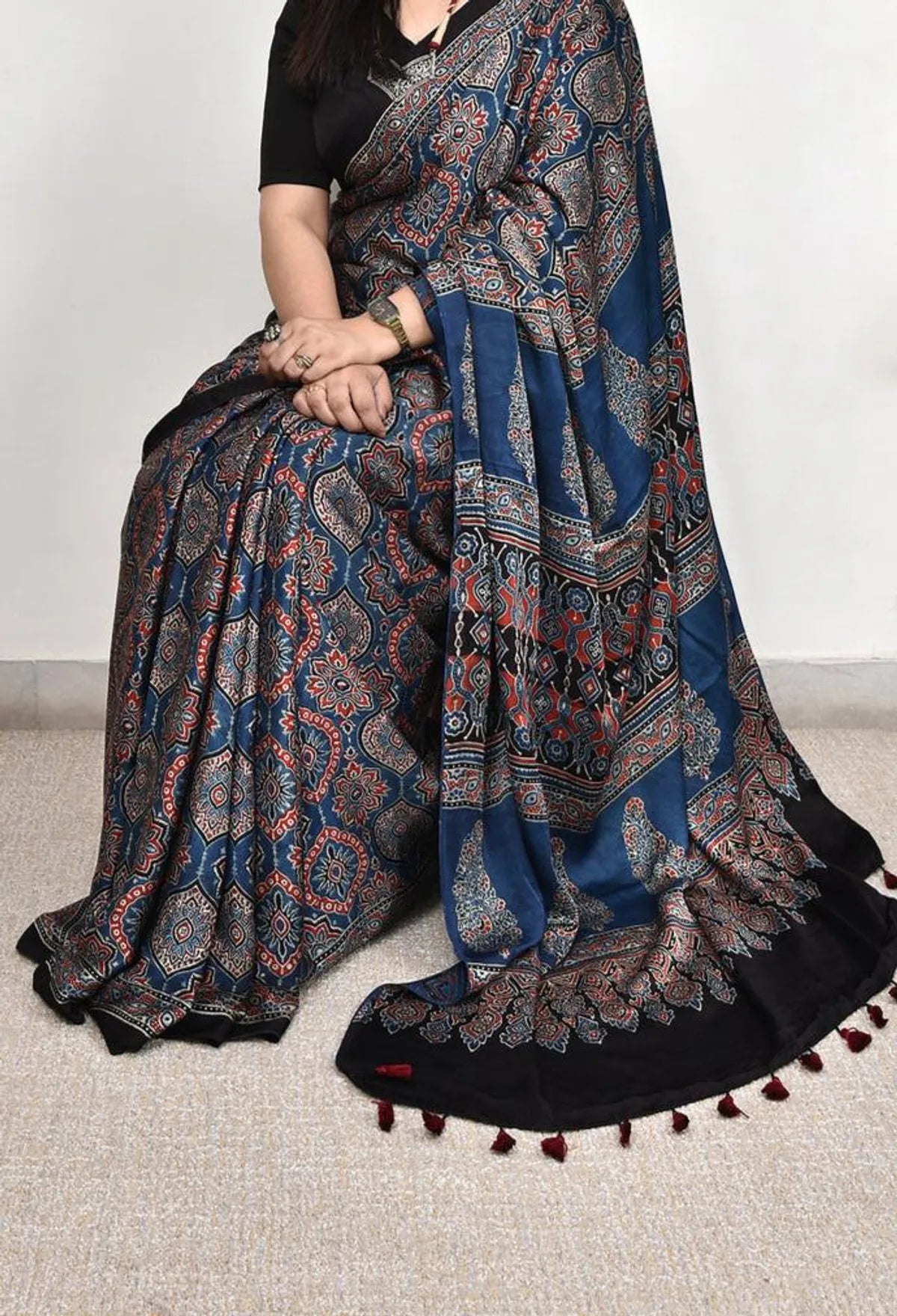 Blue Ajrakh Printed Silk Saree