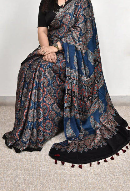 Blue Ajrakh Printed Silk Saree
